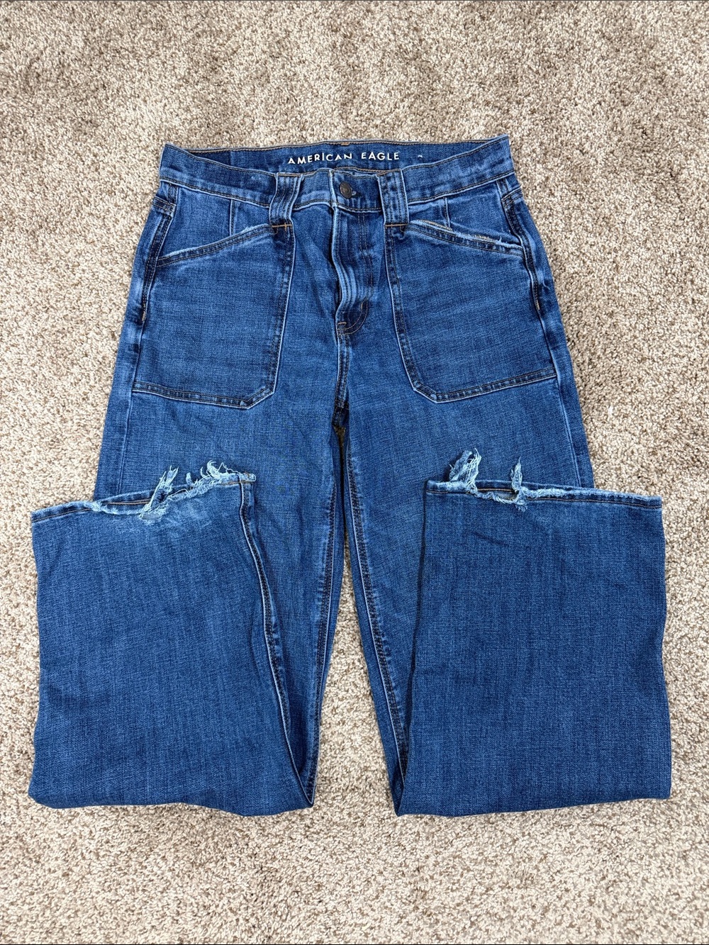 American Eagle Outfitters Dark Blue Distressed Straight-Leg Jeans